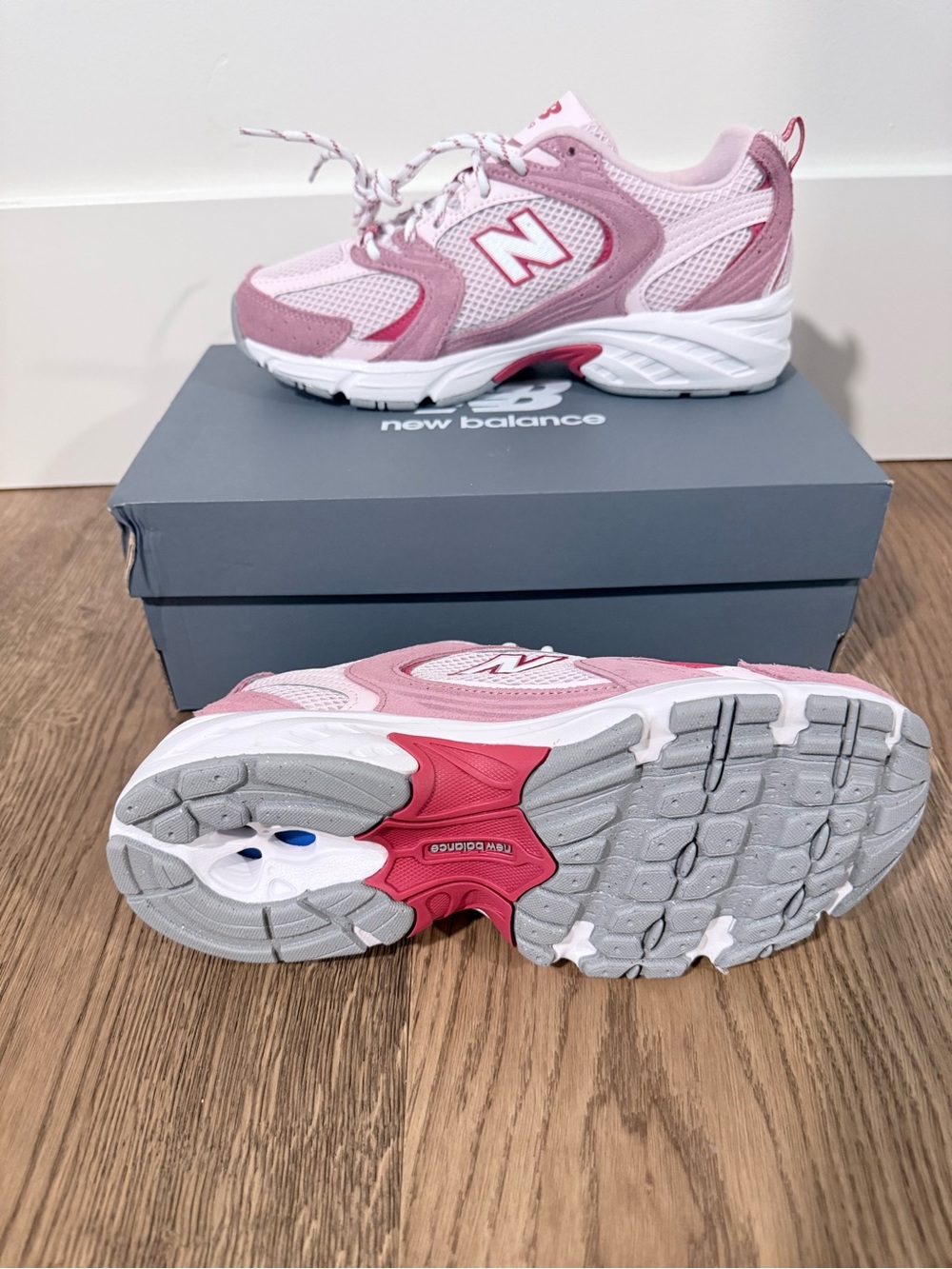 New Balance Women's Pink & White Mesh Suede Sneakers - Picture 2 of 4